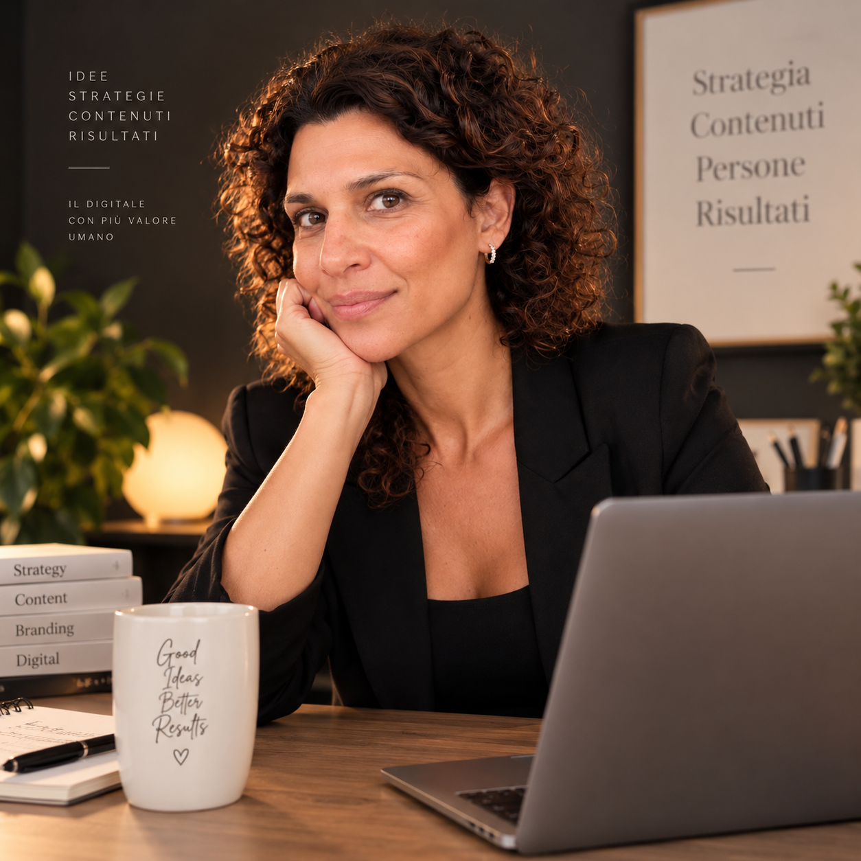 Paola Donno alla scrivania, con blazer scuro e laptop
