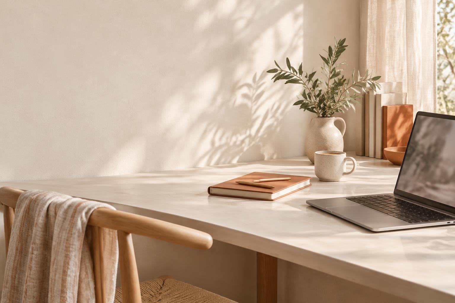 Scrivania con laptop, quaderno e tazza in uno studio luminoso