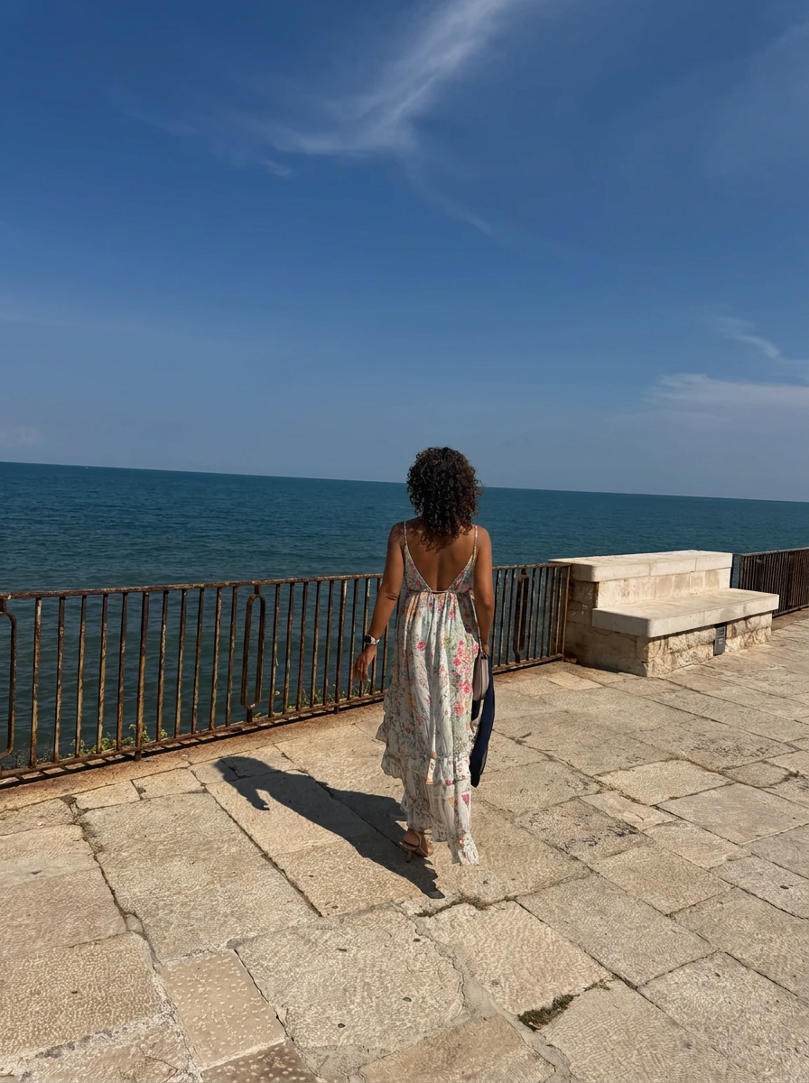 Paola Donno di spalle, che guarda l’orizzonte sul mare