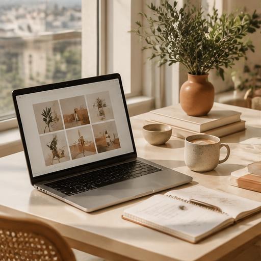 Laptop e quaderno su una scrivania per pianificare la comunicazione